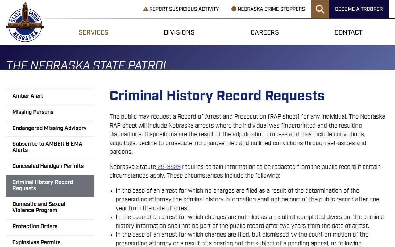 Hooker County arrest history Nebraska State Patrol record request options