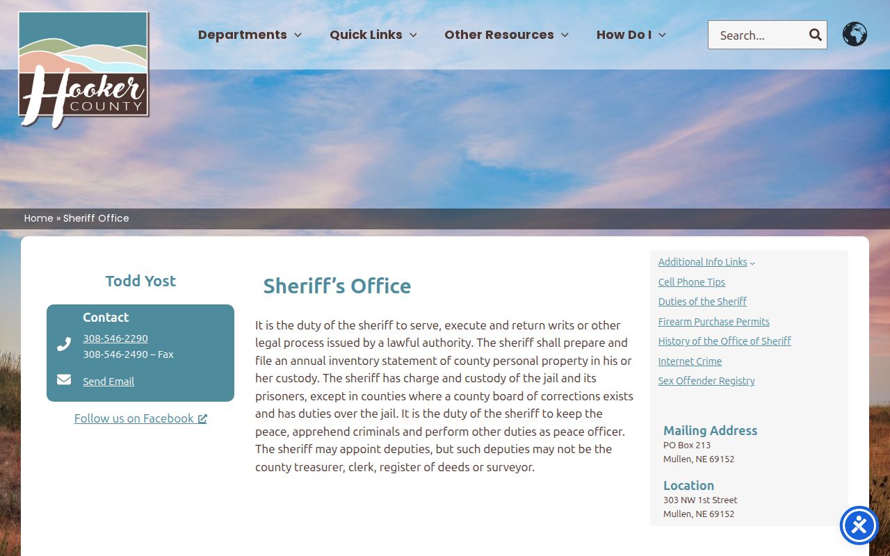 Hooker County arrest history sheriff records contact page